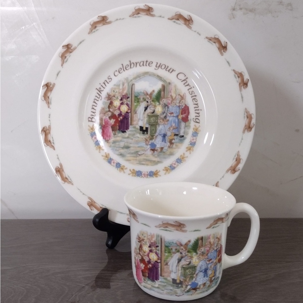 1990s Bunnykins Christening Plate and Cup Set Royal Doulton